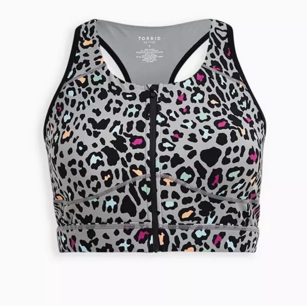 Torrid wireless zip-front sports bra in leopard print